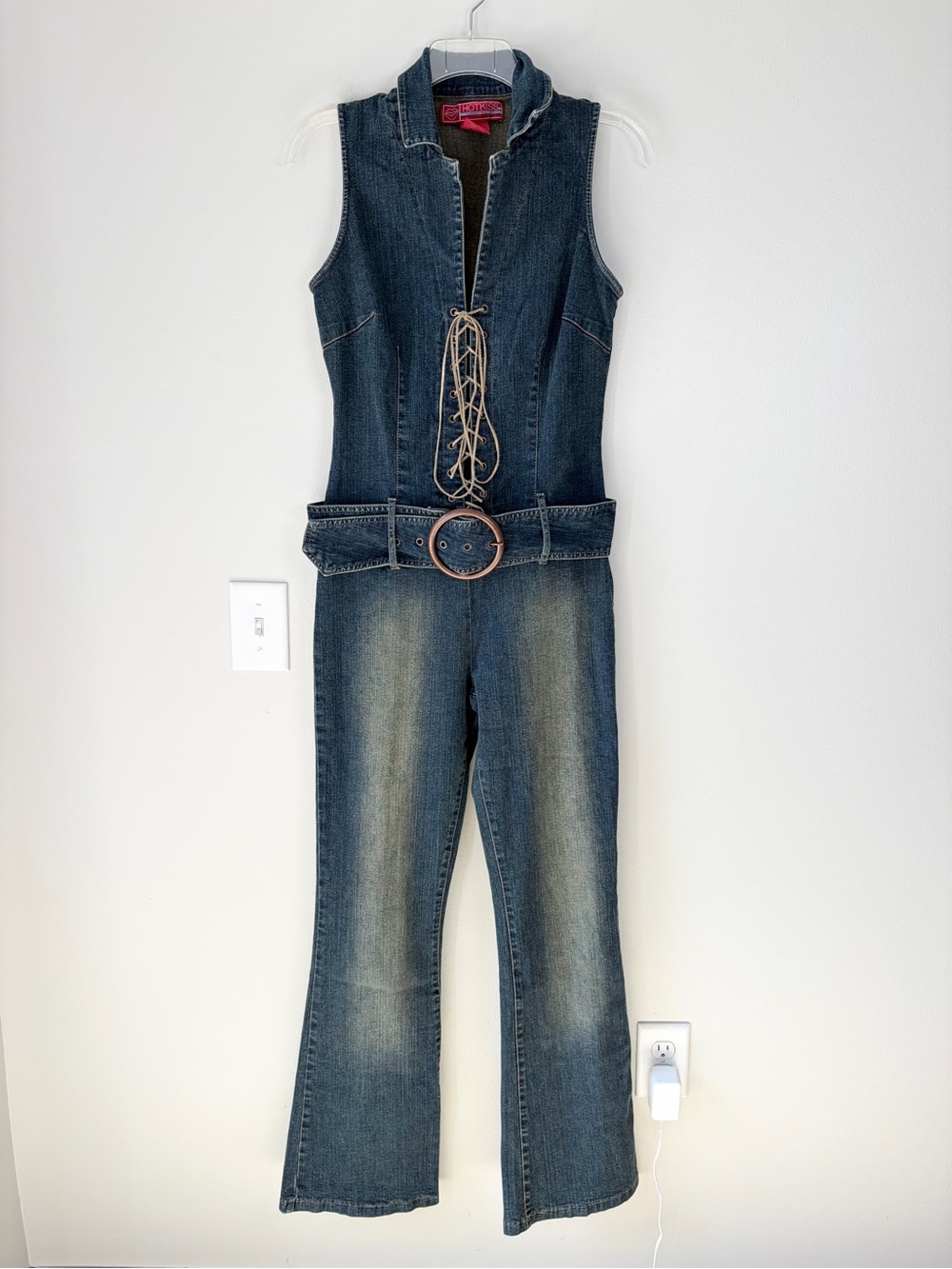 HOT KISS Vintage Y2K Lace Up Denim Flare Leg Belted Jumpsuit